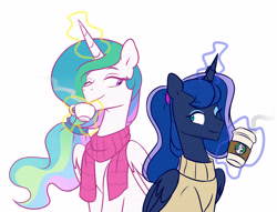 Size: 3928x2999 | Tagged: safe, artist:chub-wub, imported from derpibooru, princess celestia, princess luna, alicorn, pony, alternate hairstyle, clothes, coffee, coffee cup, cup, cute, duo, female, food, looking at each other, magic, mare, one eye closed, ponytail, royal sisters, scarf, siblings, simple background, sisters, sweater, tea, teacup, telekinesis, white background, wink