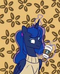 Size: 2449x2999 | Tagged: safe, artist:chub-wub, imported from derpibooru, princess luna, alicorn, pony, alternate hairstyle, clothes, coffee, coffee beans, coffee cup, cup, cute, female, lunabetes, magic, mare, one eye closed, ponytail, solo, sweater, telekinesis, wink