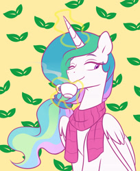 Size: 2448x2999 | Tagged: safe, artist:chub-wub, imported from derpibooru, princess celestia, alicorn, pony, alternate hairstyle, clothes, cup, cute, cutelestia, female, food, hair tie, leaves, magic, mare, one eye closed, scarf, solo, tea, teacup, telekinesis, wink