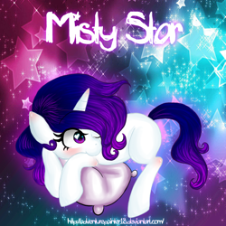 Size: 900x900 | Tagged: safe, artist:adventurepainter18, imported from derpibooru, oc, oc only, oc:misty star, pony, unicorn, horn, looking back, lying down, one eye closed, pillow, solo, stars, unicorn oc