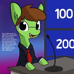 Size: 1080x1080 | Tagged: safe, artist:tjpones, artist:tjpones edits, edit, imported from derpibooru, oc, oc only, oc:tjpones, earth pony, pony, celebrity jeopardy, jeopardy, looking at you, microphone, misspelling, necktie, saturday night live, solo