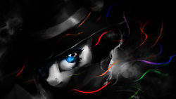 Size: 1920x1080 | Tagged: safe, artist:huussii, edit, imported from derpibooru, rarity, pony, rarity investigates, clothes, detective, detective rarity, female, grayscale, hat, mare, monochrome, neo noir, partial color, smiling, solo, wallpaper