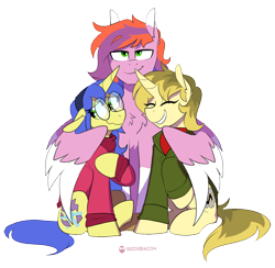 Size: 1286x1256 | Tagged: safe, artist:redxbacon, edit, editor:ciaran, imported from derpibooru, oc, oc only, oc:chromatic melody, oc:logical leap, oc:sunny shadow, pegasus, pony, unicorn, derpibooru community collaboration, 2021 community collab, chest fluff, clothes, coat markings, glasses, hoodie, hug, simple background, smiling, socks (coat markings), sweater, transparent background, trio, winghug