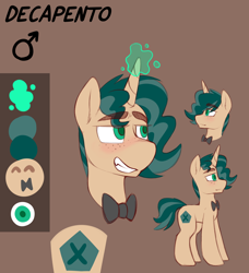 Size: 3076x3376 | Tagged: safe, artist:anon_1515, imported from derpibooru, oc, oc only, oc:decapento, pony, unicorn, blushing, bowtie, brown background, clenched teeth, colored, colored pupils, cutie mark, eyebrows, eyebrows visible through hair, flat colors, freckles, glowing horn, grin, gritted teeth, high res, horn, magic, male, male symbol, mars symbol, raised eyebrows, reference sheet, simple background, smiling, solo, stallion