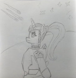 Size: 1280x1309 | Tagged: safe, artist:hofdawn, imported from derpibooru, oc, oc only, oc:lucky morningstar, pony, unicorn, armor, beginner artist, doodle, female, mare, ponytail, solo, stars, traditional art