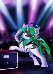 Size: 2075x2890 | Tagged: safe, artist:f-nar, imported from derpibooru, oc, oc:ray scratch, unicorn, concert, disc jockey, headphones, horn, nightclub, one eye closed, reflector, speaker, speakers, turntable, unicorn oc