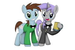 Size: 1500x1000 | Tagged: safe, artist:avastindy, derpibooru exclusive, imported from derpibooru, oc, oc:coolj, oc:spark brush, earth pony, pony, unicorn, derpibooru community collaboration, 2021 community collab, bowtie, cider mug, clothes, male, mug, simple background, stallion, transparent background, tuxedo