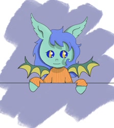 Size: 828x929 | Tagged: safe, artist:lshbz, imported from derpibooru, oc, oc only, oc:乐者拾贝, bat pony, pony, bat ears, bat wings, clothes, simple background, solo, sweater, wings