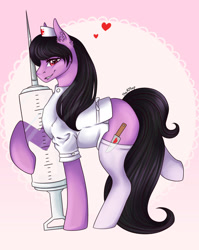 Size: 1024x1284 | Tagged: safe, artist:themstap, imported from derpibooru, oc, oc only, earth pony, pony, clothes, costume, female, halloween, halloween costume, hat, heart, holiday, injection, mare, nurse, nurse hat, nurse outfit, sassy, socks, solo, stockings, syringe, thigh highs