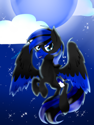 Size: 2100x2800 | Tagged: safe, artist:juliet-gwolf18, imported from derpibooru, oc, oc:blue moon, oc:bluemoon, pegasus, blue moon, cloud, flying, looking at you, night, night sky, pegasus oc, sky, wings