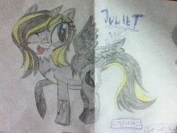Size: 960x720 | Tagged: safe, artist:juliet-gwolf18, imported from derpibooru, oc, oc only, oc:juliet, alicorn, pony, alicorn oc, female, horn, mare, one eye closed, raised hoof, smiling, solo, traditional art, wings, wink