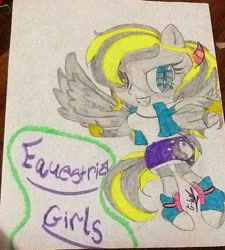 Size: 533x591 | Tagged: safe, artist:juliet-gwolf18, imported from derpibooru, oc, oc only, oc:juliet, anthro, pegasus, clothes, eyelashes, female, grin, heterochromia, pegasus oc, shoes, shorts, smiling, solo, spread wings, traditional art, wings