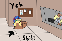 Size: 1262x836 | Tagged: safe, artist:inky scroll, imported from derpibooru, derpy hooves, oc, oc:milky way, earth pony, pegasus, pony, box, commission, cute, mailmare, pony in a box, post office, your character here