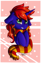 Size: 1017x1574 | Tagged: safe, artist:yuris, imported from derpibooru, oc, oc only, oc:helga, pony, unicorn, abstract background, clothes, cute, floppy ears, green eyes, gryffindor, gryffindor scarf, harry potter, harry potter (series), horn, scarf, smiling, solo, unicorn oc