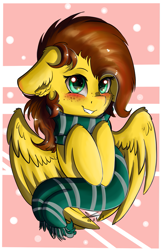 Size: 1017x1574 | Tagged: safe, alternate version, artist:yuris, imported from derpibooru, oc, oc only, oc:yuris, pegasus, pony, abstract background, alternate character, clothes, floppy ears, harry potter, harry potter (series), pegasus oc, scarf, slytherin, slytherin scarf, smiling, solo, turquoise eyes