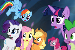 Size: 1286x857 | Tagged: safe, imported from derpibooru, screencap, applejack, fluttershy, pinkie pie, rainbow dash, rarity, spike, twilight sparkle, alicorn, twilight's kingdom, cave, cropped, mane seven, mane six, twilight sparkle (alicorn)