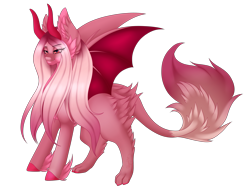 Size: 2661x2000 | Tagged: safe, artist:minelvi, imported from derpibooru, oc, oc only, dracony, dragon, hybrid, pony, bat wings, female, hoof fluff, horns, mare, simple background, solo, transparent background, wings