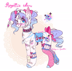 Size: 2048x2024 | Tagged: safe, artist:akimi--chan, imported from derpibooru, oc, oc only, earth pony, pony, bag, bow, choker, clothes, earth pony oc, female, hat, heterochromia, jewelry, licking, licking lips, magic, mare, necklace, needle, nurse hat, saddle bag, signature, socks, solo, tail bow, telekinesis, tongue out