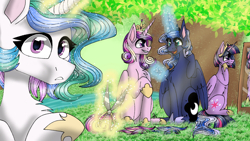 Size: 1280x720 | Tagged: safe, artist:karathepony, imported from derpibooru, princess cadance, princess celestia, princess luna, twilight sparkle, alicorn, pony, alicorn tetrarchy, alternate hairstyle, magic, scissors, tree, twilight sparkle (alicorn)