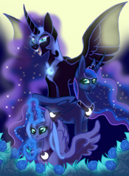 Size: 1613x2200 | Tagged: safe, artist:karathepony, imported from derpibooru, nightmare moon, princess luna, pony, flower, lunar trinity, magic, s1 luna