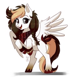 Size: 1108x1213 | Tagged: safe, artist:hikariviny, imported from derpibooru, oc, oc only, oc:sweet lullaby, pegasus, pony, braid, clothes, rearing, scarf, solo, spread wings, wings