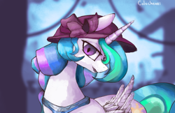 Size: 3831x2482 | Tagged: safe, artist:colochenni, imported from derpibooru, princess celestia, alicorn, pony, alternate hairstyle, blurred background, blurry background, bow, canterlot, collar, female, hat, horn, lidded eyes, looking at you, mare, peytral, signature, smiling, solo, wings