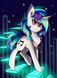 Size: 1090x1490 | Tagged: safe, artist:yuris, imported from derpibooru, dj pon-3, vinyl scratch, pony, unicorn, abstract background, parent:vinyl scratch, pink eyes, smiling, solo, two toned mane