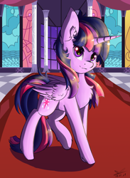 Size: 1090x1490 | Tagged: safe, alternate version, artist:yuris, imported from derpibooru, twilight sparkle, alicorn, pony, alternate character, butt, canterlot, chest fluff, ear fluff, female, folded wings, mare, plot, purple eyes, smiling, solo, twilight sparkle (alicorn), wing fluff, wings