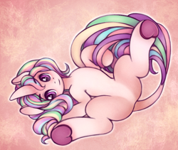 Size: 2000x1691 | Tagged: safe, artist:drawsyraccoon, imported from derpibooru, oc, oc only, oc:astra, pony, unicorn, featureless crotch, looking at you, lying down, multicolored mane, multicolored tail, on back, pale belly, solo, spread legs, spreading, underhoof