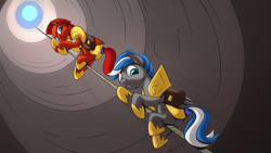 Size: 2560x1440 | Tagged: safe, artist:mysticalpha, imported from derpibooru, oc, oc only, oc:captain sunride, oc:cloud zapper, pegasus, pony, armor, male, pegasus oc, rope, royal guard, royal guard armor, royal guard oc, stallion, well, wings