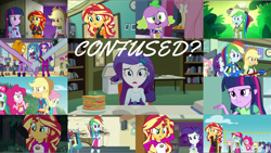 Size: 1966x1107 | Tagged: safe, edit, edited screencap, editor:quoterific, imported from derpibooru, screencap, adagio dazzle, apple bloom, applejack, aria blaze, fluttershy, photo finish, pinkie pie, pixel pizazz, rainbow dash, rarity, sci-twi, scootaloo, sonata dusk, spike, spike the regular dog, sunset shimmer, twilight sparkle, violet blurr, dog, epic fails (equestria girls), eqg summertime shorts, equestria girls, equestria girls (movie), equestria girls series, forgotten friendship, leaping off the page, legend of everfree, rainbow rocks, the science of magic, confused, food, geode of empathy, geode of fauna, geode of shielding, geode of sugar bombs, geode of super speed, geode of super strength, geode of telekinesis, humane five, humane seven, humane six, magical geodes, sandwich, spike the dog, the dazzlings