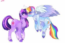 Size: 2805x1872 | Tagged: safe, artist:aaa-its-spook, imported from derpibooru, rainbow dash, twilight sparkle, pegasus, pony, unicorn, :p, alternate design, backwards cutie mark, blushing, chest fluff, coat markings, cute, dashabetes, eyes closed, female, females only, floating heart, fluffy, heart, lesbian, mare, nuzzling, pale belly, shipping, socks (coat markings), tongue out, twiabetes, twidash, unicorn twilight, unshorn fetlocks