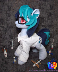 Size: 2304x2820 | Tagged: safe, artist:1stastrastudio, imported from derpibooru, oc, oc only, oc:delta vee, pony, clothes, irl, lab coat, photo, plushie, rocket, satellite, solo, toy