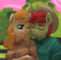 Size: 1200x1176 | Tagged: safe, artist:peachykireen, imported from derpibooru, bright mac, pear butter, anthro, earth pony, human, brightbutter, cowboy hat, digital art, female, hat, humanized, kissing, male, nuzzling, shipping, straight