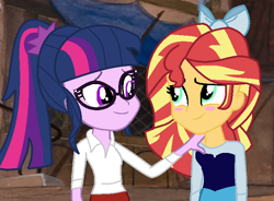 Size: 722x530 | Tagged: safe, artist:jadeharmony, artist:jadethepegasus, imported from derpibooru, sci-twi, sunset shimmer, twilight sparkle, fanfic:sunset shimmer discovers her feet, equestria girls, crossover, cute, duo, duo female, female, lesbian, scitwishimmer, shipping, shipping fuel, sunsetsparkle, the little mermaid