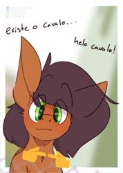 Size: 1956x2742 | Tagged: safe, artist:kirbirb, imported from derpibooru, oc, oc only, oc:notetaker, earth pony, pony, bust, emoji, eye clipping through hair, looking at you, male, solo, spanish, stallion