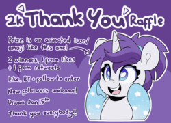 Size: 2000x1441 | Tagged: safe, artist:partylikeanartist, imported from derpibooru, oc, oc only, oc:indigo wire, pony, unicorn, animated, female, gif, gradient hooves, heart eyes, mare, meta, not rarity, open mouth, ponytail, raffle, raffle prize, smiling, solo, text, twitter, wingding eyes
