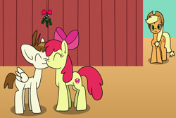 Size: 1280x854 | Tagged: safe, artist:platinumdrop, imported from derpibooru, apple bloom, applejack, featherweight, female, kissing, male, mistletoe, request, shipping, straight