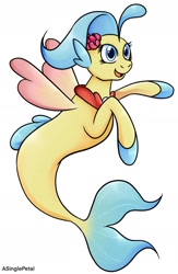 Size: 1280x1964 | Tagged: safe, artist:asinglepetal, imported from derpibooru, princess skystar, seapony (g4), my little pony: the movie, female, fin wings, fins, fish tail, flower, flower in hair, freckles, jewelry, necklace, open mouth, pearl necklace, simple background, smiling, solo, tail, white background, wings