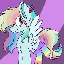 Size: 1378x1378 | Tagged: safe, artist:circuspaparazzi5678, imported from derpibooru, oc, oc only, oc:rainbow autumn, pegasus, pony, clothes, ear piercing, earring, jewelry, multicolored hair, next generation, offspring, offspring's offspring, parent:oc:rainbow blitz, parent:oc:suga water, parents:oc x oc, piercing, rainbow hair, rainbow socks, smiling, socks, solo, striped socks