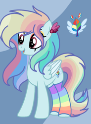 Size: 1050x1425 | Tagged: safe, artist:circuspaparazzi5678, imported from derpibooru, oc, oc only, oc:rainbow autumn, pegasus, pony, base used, clothes, ear piercing, earring, eyeshadow, jewelry, makeup, multicolored hair, offspring, offspring's offspring, parent:oc:rainbow blitz, parent:oc:suga water, parents:oc x oc, piercing, rainbow hair, rainbow socks, socks, solo, striped socks