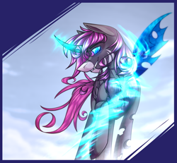 Size: 2355x2180 | Tagged: safe, artist:goddamncat, imported from derpibooru, oc, oc only, oc:last teller, changeling, pegasus, pony, changeling oc, grin, horn, magic, magic aura, metamorphosis, sharp horn, sharp teeth, smiling, solo, teeth