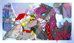 Size: 3702x2179 | Tagged: safe, artist:goddamncat, imported from derpibooru, oc, oc:last teller, oc:wolf wing, fluffy pony, pegasus, werewolf, blue eyes, blushing, christmas, clothes, costume, flirting, hat, holiday, new year, pair, red eyes, santa costume, santa hat, scarf, sharp teeth, shipping, teeth