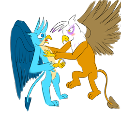 Size: 600x600 | Tagged: safe, artist:horsesplease, imported from derpibooru, gallus, gilda, griffon, blushing, female, gildus, imminent kissing, male, shipping, shocked, smiling, smirk, straight