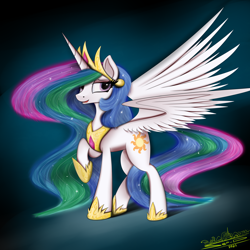 Size: 4000x4000 | Tagged: safe, artist:ser-p, imported from derpibooru, princess celestia, alicorn, pony, absurd resolution, ethereal mane, female, jewelry, looking at you, mare, open mouth, open smile, raised hoof, regalia, signature, smiling, smiling at you, solo, spread wings, wings