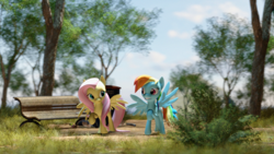 Size: 3840x2160 | Tagged: safe, artist:freasaloz, imported from derpibooru, fluttershy, rainbow dash, pegasus, pony, 3d, bench, female, sfm pony, source filmmaker, tree