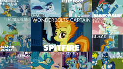 Size: 1966x1105 | Tagged: safe, edit, edited screencap, editor:quoterific, imported from derpibooru, screencap, blaze, fast clip, fire streak, fleetfoot, high winds, manerick, misty fly, rainbow dash, silver lining, silver zoom, sky stinger, soarin', spitfire, surprise, thunderlane, vapor trail, whiplash, wind waker (character), clothes, compilation, uniform, wind waker, wonderbolts uniform