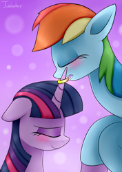 Size: 2480x3507 | Tagged: safe, artist:twidasher, imported from derpibooru, rainbow dash, twilight sparkle, pegasus, pony, blushing, duo, eyes closed, female, horn, horn ring, jewelry, lesbian, ring, shipping, twidash