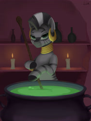 Size: 3543x4724 | Tagged: safe, artist:lin feng, imported from derpibooru, zecora, zebra, bedroom eyes, pot, potion