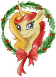 Size: 400x550 | Tagged: safe, artist:cwossie, imported from derpibooru, oc, oc only, oc:miss libussa, pony, unicorn, bow, christmas, czequestria, deviantart watermark, eyeshadow, female, holiday, horn, makeup, mascot, obtrusive watermark, simple background, solo, transparent background, unicorn oc, watermark, wreath